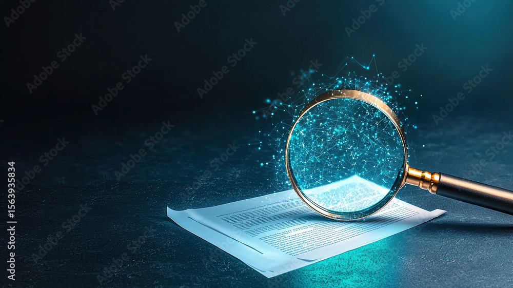 Poster magnifying glass hovers over document on dark surface, highlighting text with digital network effect