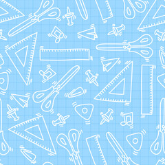 Seamless pattern of white school stationery in lines on a blue background with a checkered pattern