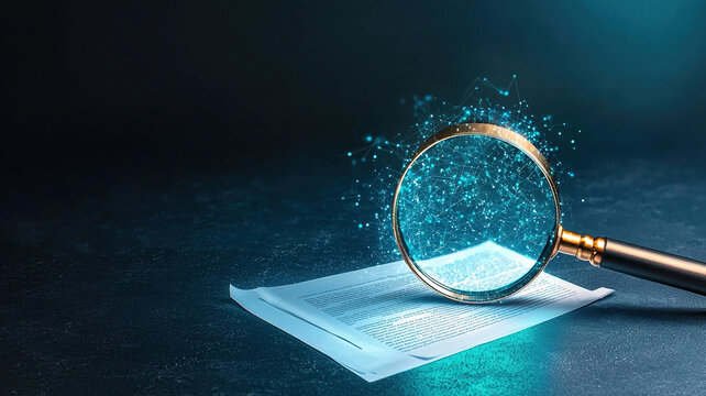 Magnifying glass hovers over document on dark surface, highlighting text with digital network effect, symbolizing analysis and technology
