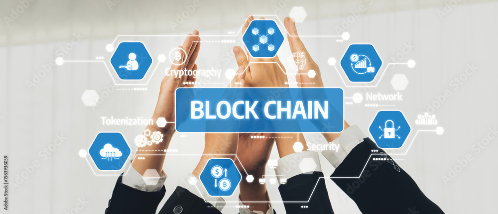 Poster a dynamic scene capturing hands raised in celebration of blockchain technology, complemented by digi