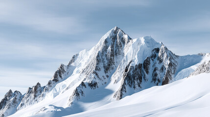 Fototapeta premium A majestic snow-covered mountain peak stands sharply against a clear blue sky, epitomizing the beauty and grandeur of winter landscapes. 