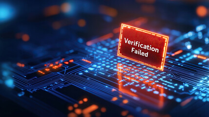 Digital display shows red Verification Failed alert on futuristic circuit board, symbolizing cybersecurity breach. glowing interface highlights importance of data protection