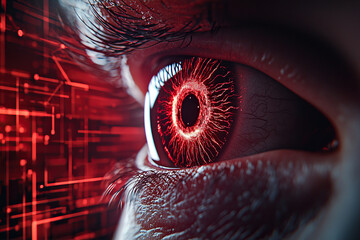 Close up of human eye with digital retina scanner display analyzing eye pattern, featuring red glowing circuitry and futuristic technology