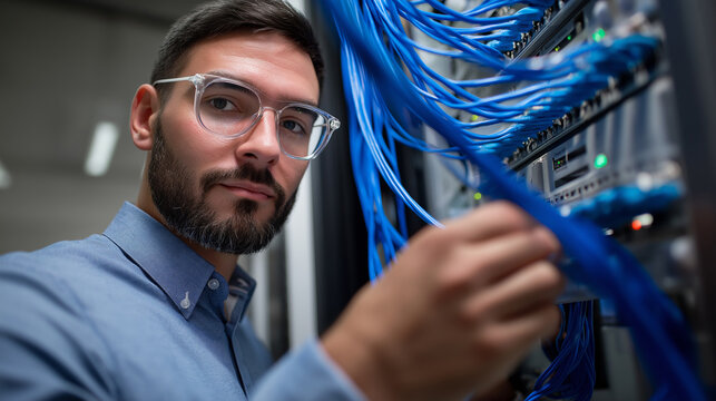 A young male technician in a polo shirt works with numerous blue network cables in a server rack, highlighting data center maintenance and IT operations.
