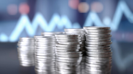 Neatly stacked coins in ascending order stand against a blurred background of fluctuating financial graphs, symbolizing financial growth and market dynamics.
