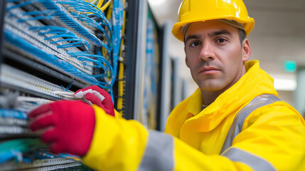 A focused male technician in a hard hat and yellow reflective jacket works with network cables in a data center, symbolizing IT infrastructure and connectivity.
