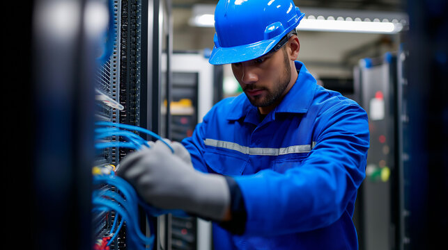 A male technician in a blue hard hat and uniform works with network cables in a server rack, highlighting data center operations and IT support.
