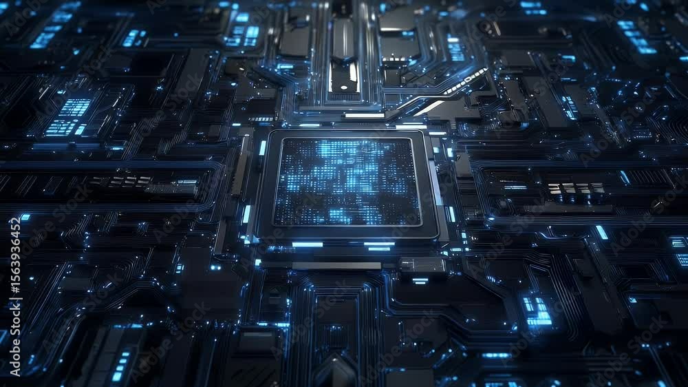 Aufkleber close-up animation of a computer circuit board featuring glowing blue lights and intricate details w
