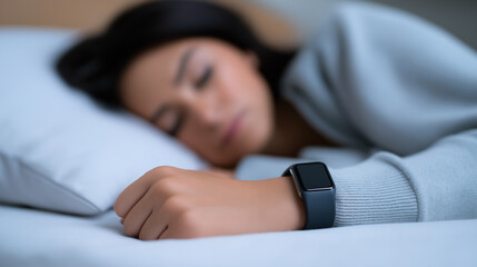 A woman wearing a smartwatch sleeps peacefully in bed, highlighting concepts of sleep tracking, health monitoring, and wellness technology. 