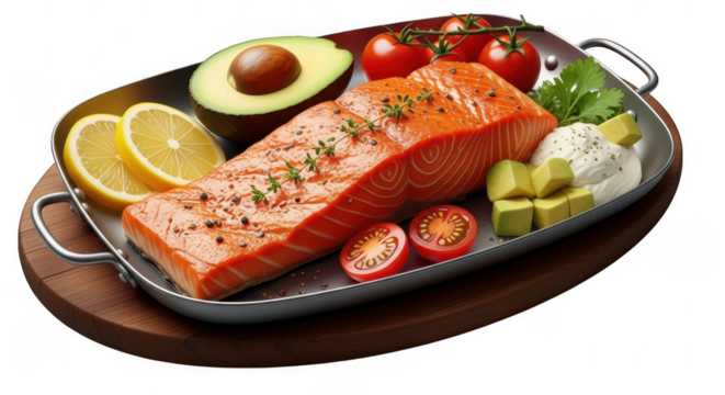 Vibrantly Plated Healthy Salmon Fillet Accompanied by Fresh Vegetables, Avocado, and Citrus Herbs, isolated on a transparent background