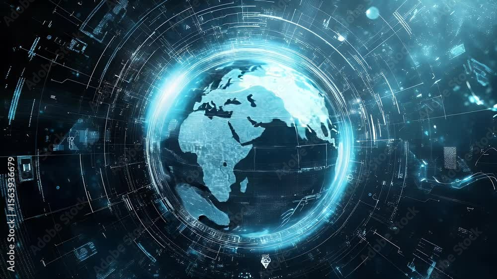 Poster digital representation of the globe surrounded by futuristic network connections and data streams in