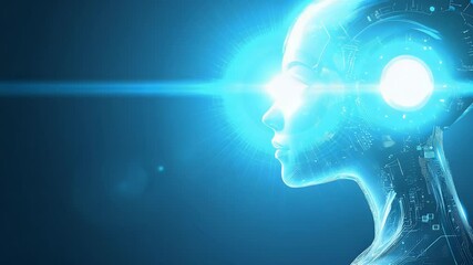 Futuristic digital human head profile emitting bright blue light with abstract binary code texture on blue background conceptual illustration - Powered by Adobe