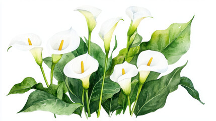 Obraz premium Watercolor botanical illustration of elegant calla lilies with lush green leaves, showcasing beauty and tranquility