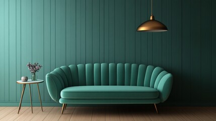 Teal living room with a stylish velvet sofa and a small table.