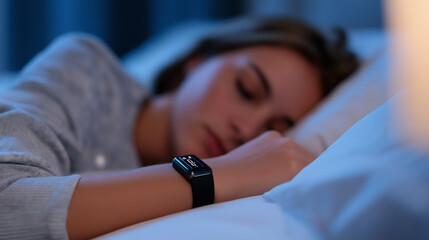 Naklejka na ściany i meble A woman wearing a smartwatch sleeps peacefully in bed, highlighting concepts of sleep tracking, health monitoring, and wellness technology. 