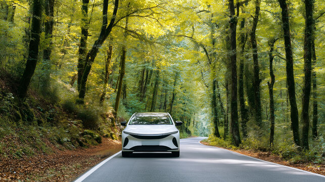 ev car electric car or hydrogen energy car on road midst forest and natural environmental friendly travel sustainable transportation and green logistic to net zero carbon emission for save earth