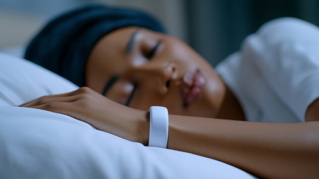 A person with dark skin wears a white sleep tracker on their wrist while peacefully sleeping on a white pillow, emphasizing health technology and restful sleep.