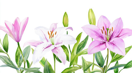 Naklejka premium Watercolor botanical illustration of pink and white lilies with green leaves, showcasing beauty and elegance in nature