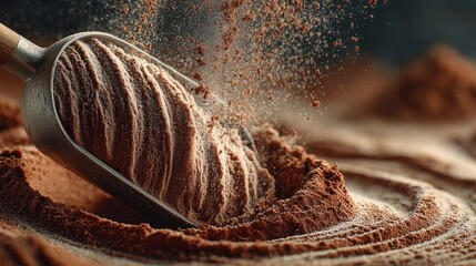 Cocoa powder being scooped with a metal scoop