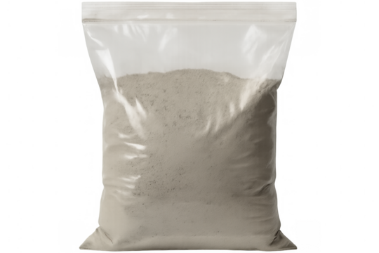 Transparent plastic bag holding fine grey powder, positioned against transparent studio backdrop