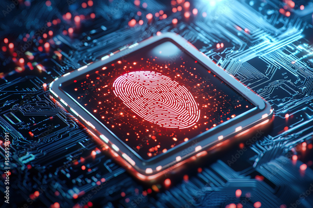 Poster glowing digital fingerprint scanner is embedded circuit board, symbolizing advanced technology and s