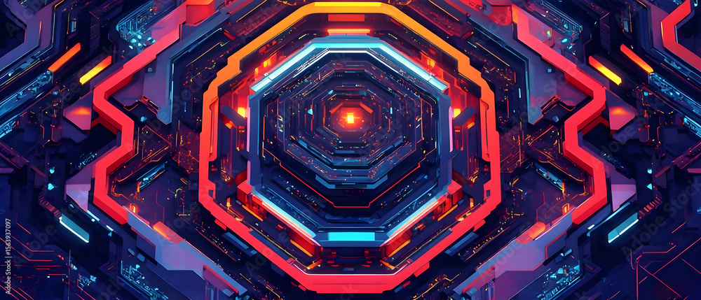 Poster journey into a neon-lit digital cybernetic tunnel with intricate circuit board pathways and glowing 
