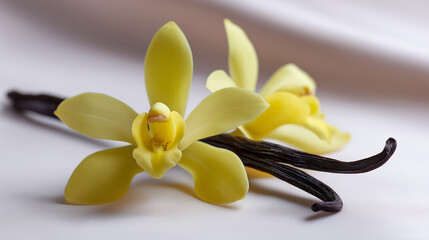 A delicate vanilla flower rests upon several dark vanilla beans, highlighting the natural source of this popular flavor.
