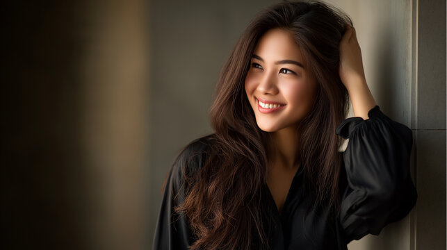 "Cheerful Thai Model with Soft Lighting and Hair Touch"