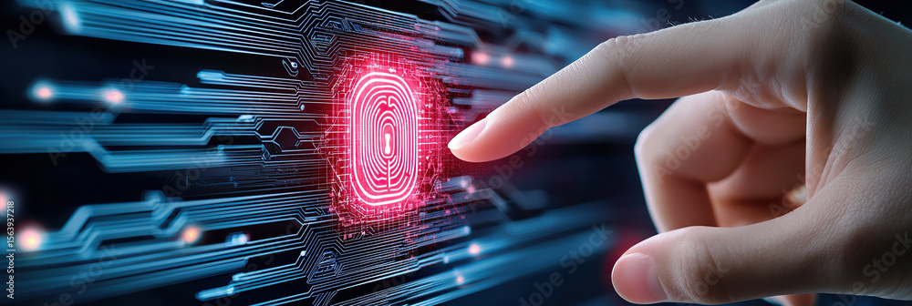 Aufkleber hand reaches towards glowing red fingerprint scanner on digital interface, symbolizing advanced biom