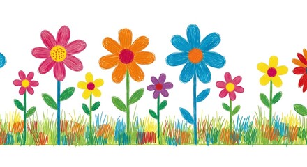 Obraz premium Colorful hand drawn daisy flowers and grass border isolated on white background