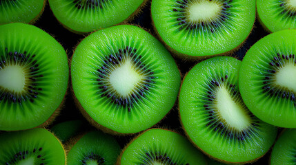 Fototapeta premium A vibrant, full-frame top-down shot of numerous green kiwi slices highlights their refreshing texture and natural patterns. 