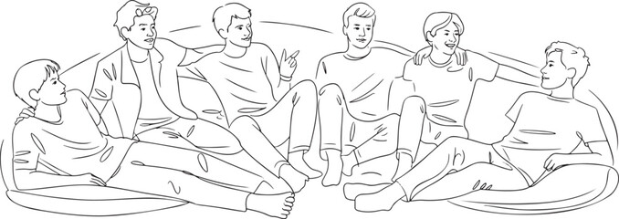Obraz premium Six Young Adults Lounging on a Large Sofa in Conversation and Relaxation Together, Embracing Friendship and Camaraderie