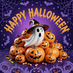 Fototapeta premium Happy halloween ghost wearing a witch hat surrounded by jack o lanterns and candy corn