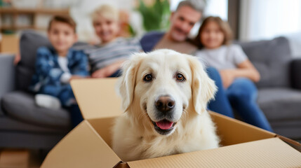 A golden retriever sits happily in a moving box with a blurred family on a sofa in the background, representing new beginnings in a family home.
