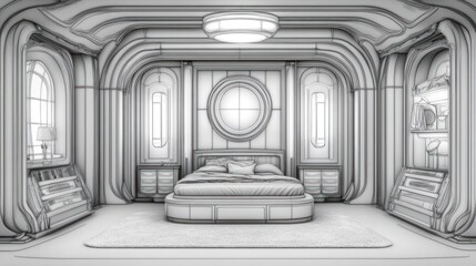 Interior design of a bedroom with rounded architectural details.