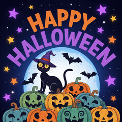Happy halloween greeting with a black cat pumpkins bats and stars