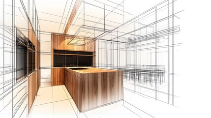 Interior design sketch of a modern kitchen.
