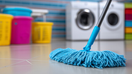 A vibrant blue mop head is actively cleaning a tiled floor in a laundry room, with colorful buckets and washing machines blurred in the background.

