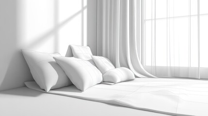 White pillows on a white bed near a window.