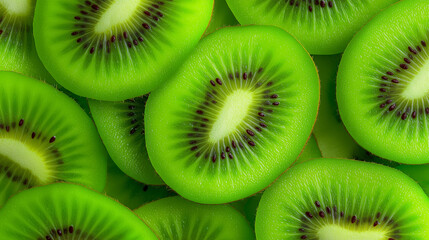 Top view of vibrant green kiwi fruit slices showing seeds and center pattern.
