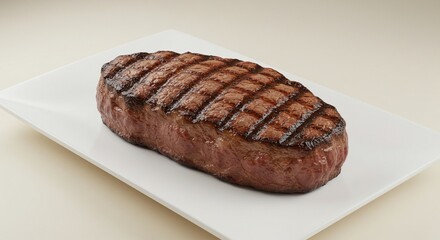 Grilled Steak Served on Clean White Rectangular Plate