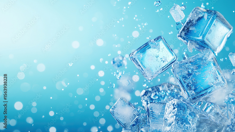 Poster ice cubes floating in refreshing blue background create sense of coolness and clarity. sparkling bok