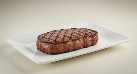 Grilled Steak Served on Clean White Rectangular Plate