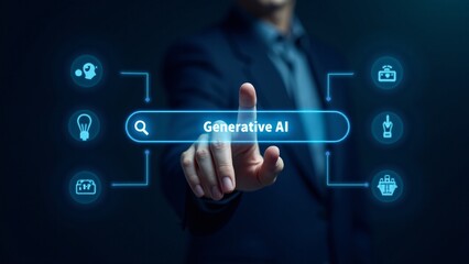 Obraz premium Man Taps Generative AI Search Bar