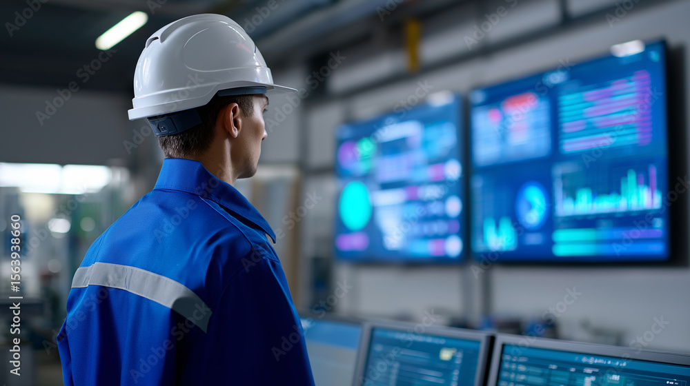 Poster back view of factory technician in white hard hat monitoring production data on large digital screen
