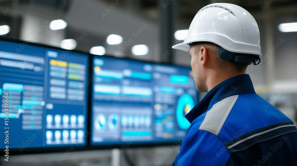 Poster back view of factory technician in white hard hat monitoring production data on large digital screen