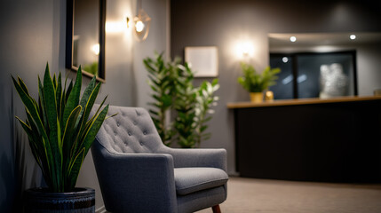 Modern luxury waiting room interior with armchair, indoor plants, soft lighting and elegant decor.
