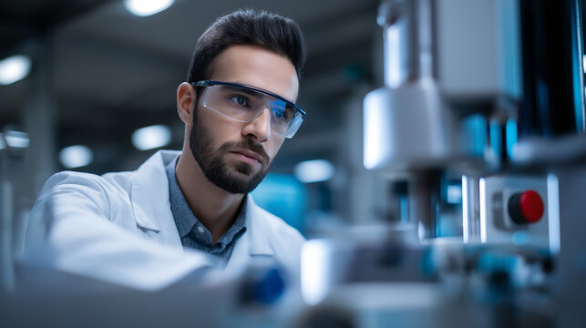Male technician in blue uniform using industrial machine in manufacturing facility.
