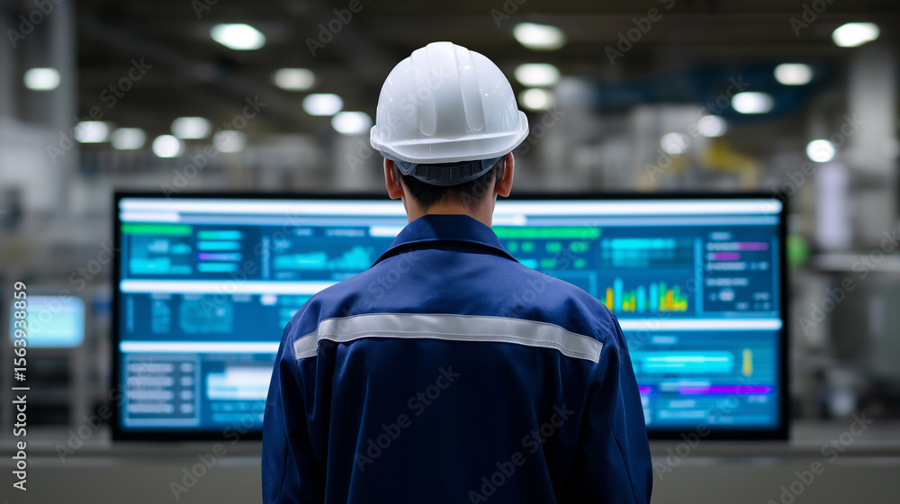 Poster back view of factory technician in white hard hat monitoring production data on large digital screen