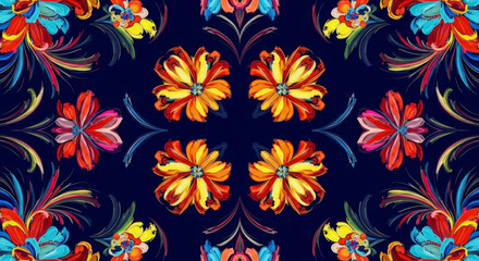 Vibrant kaleidoscopic floral pattern with rich red orange yellow and blue hues on a deep navy background.
